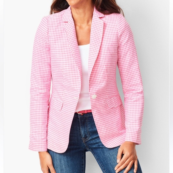 [US14]Talbots Collette’s Pink Gingham Preppy Women's Linen Blend Blazer NWOT - Picture 1 of 15